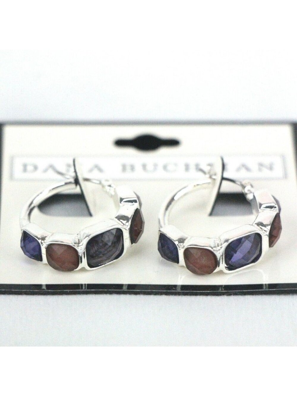 Dana Buchman Earrings 1" Silver Tone Hoops with Mauve & Purple Stones